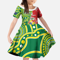 Custom Tonga Australia Rugby Family Matching Off The Shoulder Long Sleeve Dress and Hawaiian Shirt Kangaroos And Tonga Mate Maa Together LT05 Daughter's Dress Green - Polynesian Pride