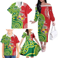 Custom Tonga Australia Rugby Family Matching Off The Shoulder Long Sleeve Dress and Hawaiian Shirt Kangaroos And Tonga Mate Maa Together LT05 - Polynesian Pride