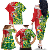 Custom Tonga Australia Rugby Family Matching Off The Shoulder Long Sleeve Dress and Hawaiian Shirt Kangaroos And Tonga Mate Maa Together LT05 - Polynesian Pride