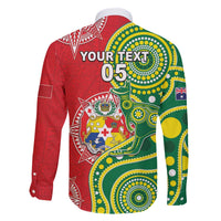 Custom Tonga Australia Rugby Family Matching Off The Shoulder Long Sleeve Dress and Hawaiian Shirt Kangaroos And Tonga Mate Maa Together LT05 - Polynesian Pride