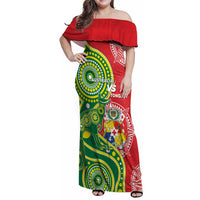 Custom Tonga Australia Rugby Family Matching Off Shoulder Maxi Dress and Hawaiian Shirt Kangaroos And Tonga Mate Maa Together LT05 Mom's Dress Green - Polynesian Pride