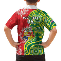 Custom Tonga Australia Rugby Family Matching Off Shoulder Short Dress and Hawaiian Shirt Kangaroos And Tonga Mate Maa Together LT05 - Polynesian Pride