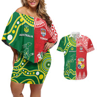 Custom Tonga XIII And Australia Kangaroos Couples Matching Off Shoulder Short Dress and Hawaiian Shirt Mate Maa Tongan Ngatu With Aboriginal LT05 Red - Polynesian Pride