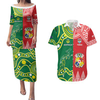 Custom Tonga XIII And Australia Kangaroos Couples Matching Puletasi and Hawaiian Shirt Mate Maa Tongan Ngatu With Aboriginal