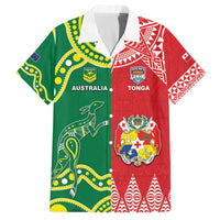Custom Tonga XIII And Australia Kangaroos Family Matching Off The Shoulder Long Sleeve Dress and Hawaiian Shirt Mate Maa Tongan Ngatu With Aboriginal LT05 Dad's Shirt - Short Sleeve Red - Polynesian Pride