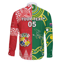 Custom Tonga XIII And Australia Kangaroos Family Matching Off The Shoulder Long Sleeve Dress and Hawaiian Shirt Mate Maa Tongan Ngatu With Aboriginal LT05 - Polynesian Pride