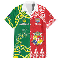 Custom Tonga XIII And Australia Kangaroos Family Matching Puletasi and Hawaiian Shirt Mate Maa Tongan Ngatu With Aboriginal LT05 Dad's Shirt - Short Sleeve Red - Polynesian Pride