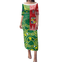 Custom Tonga XIII And Australia Kangaroos Family Matching Puletasi and Hawaiian Shirt Mate Maa Tongan Ngatu With Aboriginal LT05 Mom's Dress Red - Polynesian Pride