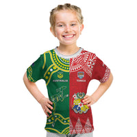 Custom Tonga XIII And Australia Kangaroos Kid T Shirt Mate Maa Tongan Ngatu With Aboriginal