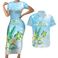 Personalised 2025 Aloha Hawaii Couples Matching Short Sleeve Bodycon Dress and Hawaiian Shirt Tropical Flowers And Honu LT05 Blue - Polynesian Pride