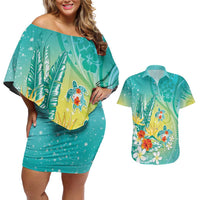 Hawaii Honu Couples Matching Off Shoulder Short Dress and Hawaiian Shirt Tropical Flowers Turquoise Gradient