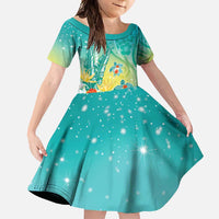 Hawaii Honu Family Matching Long Sleeve Bodycon Dress and Hawaiian Shirt Tropical Flowers Turquoise Gradient LT05 Daughter's Dress Turquoise - Polynesian Pride