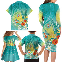 Hawaii Honu Family Matching Long Sleeve Bodycon Dress and Hawaiian Shirt Tropical Flowers Turquoise Gradient LT05 - Polynesian Pride