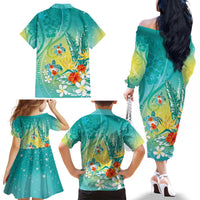 Hawaii Honu Family Matching Off The Shoulder Long Sleeve Dress and Hawaiian Shirt Tropical Flowers Turquoise Gradient LT05 - Polynesian Pride
