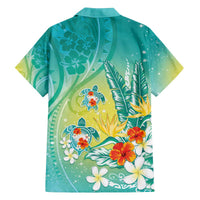 Hawaii Honu Family Matching Off The Shoulder Long Sleeve Dress and Hawaiian Shirt Tropical Flowers Turquoise Gradient LT05 - Polynesian Pride