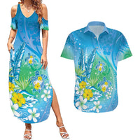 Hawaii Honu Couples Matching Summer Maxi Dress and Hawaiian Shirt Tropical Flowers Blue Gradient