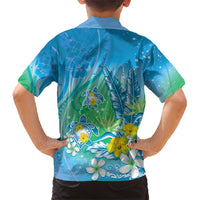 Hawaii Honu Family Matching Short Sleeve Bodycon Dress and Hawaiian Shirt Tropical Flowers Blue Gradient