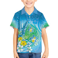 Hawaii Honu Family Matching Short Sleeve Bodycon Dress and Hawaiian Shirt Tropical Flowers Blue Gradient