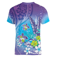Hawaii Honu Women V-Neck T-Shirt Tropical Flowers Purple Gradient