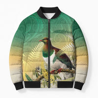 New Zealand Pigeon Kereru Bomber Puffer Jacket Maori Fern Art Green Gradient - Polynesian Pride