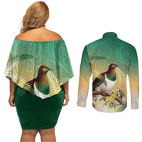 New Zealand Pigeon Kereru Couples Matching Off Shoulder Short Dress and Long Sleeve Button Shirt Maori Fern Art Green Gradient LT05 - Polynesian Pride