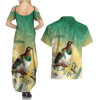 New Zealand Pigeon Kereru Couples Matching Summer Maxi Dress and Hawaiian Shirt Maori Fern Art Green Gradient LT05 - Polynesian Pride