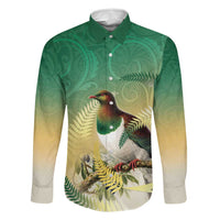 New Zealand Pigeon Kereru Family Matching Off Shoulder Short Dress and Hawaiian Shirt Maori Fern Art Green Gradient LT05 Dad's Shirt - Long Sleeve Green - Polynesian Pride