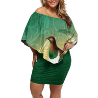 New Zealand Pigeon Kereru Family Matching Off Shoulder Short Dress and Hawaiian Shirt Maori Fern Art Green Gradient LT05 Mom's Dress Green - Polynesian Pride