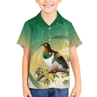 New Zealand Pigeon Kereru Family Matching Off Shoulder Short Dress and Hawaiian Shirt Maori Fern Art Green Gradient LT05 Son's Shirt Green - Polynesian Pride