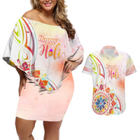 Happy Holi Festival Couples Matching Off Shoulder Short Dress and Hawaiian Shirt Rangoli With Polynesian Pattern LT05 White - Polynesian Pride