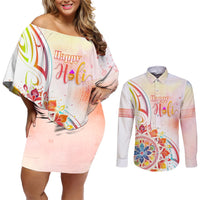 Happy Holi Festival Couples Matching Off Shoulder Short Dress and Long Sleeve Button Shirt Rangoli With Polynesian Pattern LT05 White - Polynesian Pride