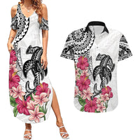 White Polynesian Hammerhead Shark Tribal Pattern Couples Matching Summer Maxi Dress and Hawaiian Shirt