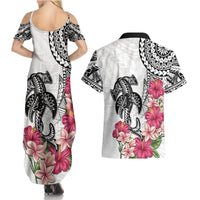 White Polynesian Hammerhead Shark Tribal Pattern Couples Matching Summer Maxi Dress and Hawaiian Shirt LT05 - Polynesian Pride