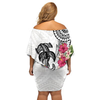 White Polynesian Hammerhead Shark Tribal Pattern Off Shoulder Short Dress LT05 - Polynesian Pride