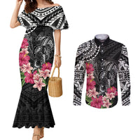 Black Polynesian Hammerhead Shark Tribal Pattern Couples Matching Mermaid Dress and Long Sleeve Button Shirt