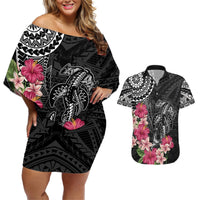 Black Polynesian Hammerhead Shark Tribal Pattern Couples Matching Off Shoulder Short Dress and Hawaiian Shirt LT05 Black - Polynesian Pride