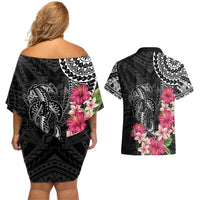 Black Polynesian Hammerhead Shark Tribal Pattern Couples Matching Off Shoulder Short Dress and Hawaiian Shirt LT05 - Polynesian Pride