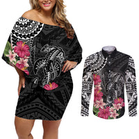 Black Polynesian Hammerhead Shark Tribal Pattern Couples Matching Off Shoulder Short Dress and Long Sleeve Button Shirt