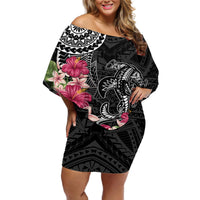 Black Polynesian Hammerhead Shark Tribal Pattern Off Shoulder Short Dress LT05 Women Black - Polynesian Pride