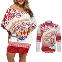 French Polynesia Internal Autonomy Day Couples Matching Off Shoulder Short Dress and Long Sleeve Button Shirt Tropical Hibiscus And Turtle Pattern LT05 Red - Polynesian Pride