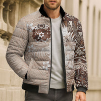 Tonga Ngatu Motifs Bomber Puffer Jacket With Coat Of Arms Beige