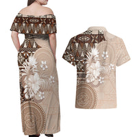 Tonga Ngatu Motifs Couples Matching Off Shoulder Maxi Dress and Hawaiian Shirt With Coat Of Arms Beige
