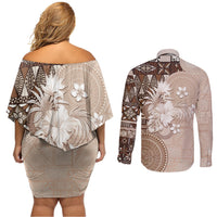 Tonga Ngatu Motifs Couples Matching Off Shoulder Short Dress and Long Sleeve Button Shirt With Coat Of Arms Beige