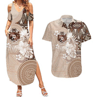Tonga Ngatu Motifs Couples Matching Summer Maxi Dress and Hawaiian Shirt With Coat Of Arms Beige