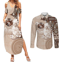 Tonga Ngatu Motifs Couples Matching Summer Maxi Dress and Long Sleeve Button Shirt With Coat Of Arms Beige