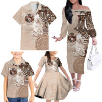Tonga Ngatu Motifs Family Matching Off The Shoulder Long Sleeve Dress and Hawaiian Shirt With Coat Of Arms Beige LT05 - Polynesian Pride