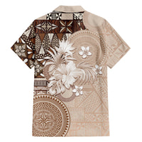 Tonga Ngatu Motifs Family Matching Off Shoulder Maxi Dress and Hawaiian Shirt With Coat Of Arms Beige LT05 - Polynesian Pride