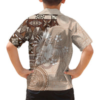 Tonga Ngatu Motifs Family Matching Puletasi and Hawaiian Shirt With Coat Of Arms Beige LT05 - Polynesian Pride