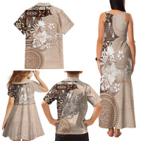 Tonga Ngatu Motifs Family Matching Tank Maxi Dress and Hawaiian Shirt With Coat Of Arms Beige LT05 - Polynesian Pride