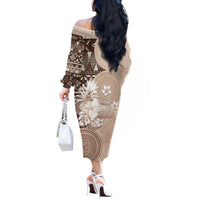 Tonga Ngatu Motifs Off The Shoulder Long Sleeve Dress With Coat Of Arms Beige